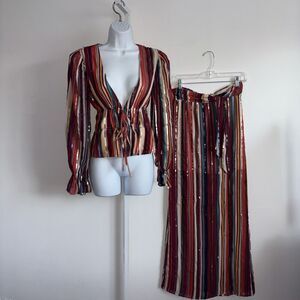 House Of Harlow x Revolve Roksana Blouse & Mya Maxi Skirt Red Stripe Sequin XS